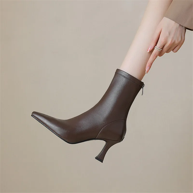 2023 Őszi Téli Női Csizma Hegyes Toe Magas Sarkú Rövid Csizma Cipő Női Elasztikus Vékony Csizma Zapatos De Mujer Női - 0