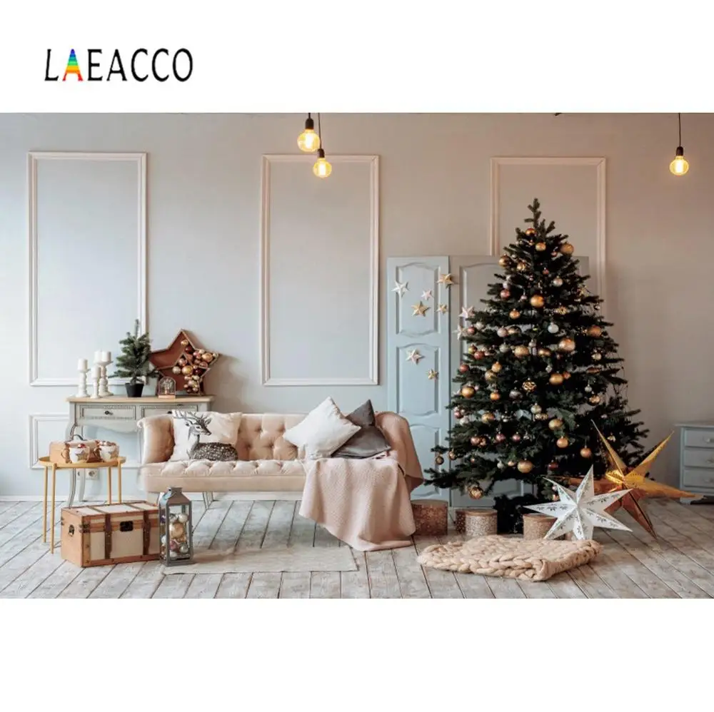 Laeacco Nappali Karácsonyi Fesztiválok, Csillag, Fa, Elegáns Szürke Fal, Fa Padló Párt Belső Fotó Háttér Fotó Hátterekkel - 0