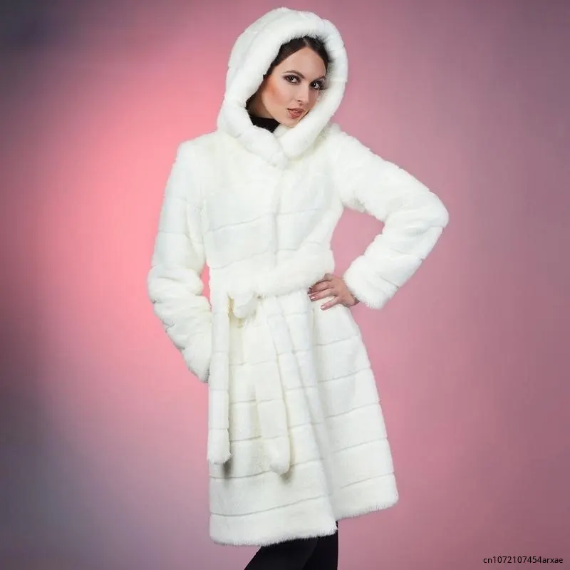 Ál Nerc Bundát Téli Meleg Mesterséges Tisztességes Kapucnis Fehér Luxus Műszőrme Kabátot Túlméretes Nők Ruhával Szőrme Zubbonyok - 0