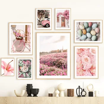 Húsvét Tavaszi Rózsaszín Sakura Parasztház Friss Virág Romantikus Plakátok Vászon Festmény Wall Art Képek Nappali Lakberendezés