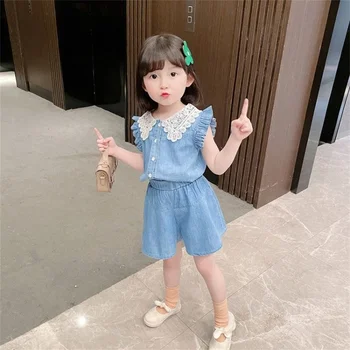 2023 lány nyári ruha öltöny, új női baba divatos koreai ujjatlan felső+farmer rövidnadrág kétrészes öltöny