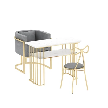 Modern fém, rozsdamentes acél arany márvány manikűr asztal székekkel, testre szabható, színes nail shop
