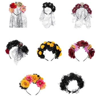 Kényes Virág&Koponya Hairband Vékony Oldalon Hairband Virág Alakú Fejpánt a Lányok Halloween Hairband a Fátyol Dekoráció