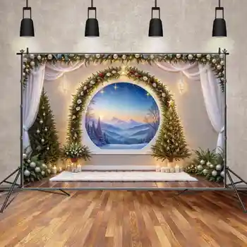 HOLD.QG Hátteret, karácsonyfa Díszek Dekoráció az Otthoni Háttér Fehér Függöny Ablak Nézet Havas Hegyek Fotó
