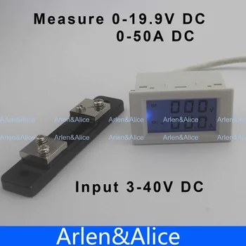 Kettős LCD kijelző DC Feszültség, illetve áram mérő voltmérő árammérő tartomány DC 0-19.9 V 0-50A Kék háttérvilágítás DC 3~40-Bemenet shunt