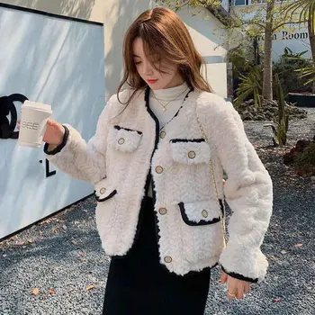 Koreai Elegáns Bárány Gyapjú Kabát Női Divat Szilárd Elegáns Meleg Plüss Outwear Őszi Téli Egysoros O-Nyak Műszőrme Kabátot