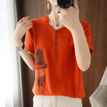 2023 új nyári pamut póló, alkalmi kötött pulóver, rövid ujjú női V-nyakú pulóver női nagy méret T-shirt