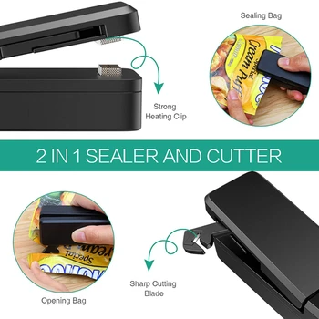 Műanyag Zacskó Lezáró Hő Pecsételő Gép Vágó Kés Műanyag Csomagolás Tömítő USB Töltés Feltölthető 2 az 1-ben Konyha Táskák