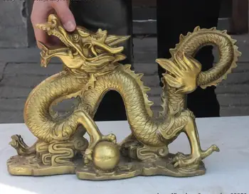 35CM Kínai Királyi Palota Réz Réz délről északra Szerencsés Sárkány Dragons Játék Gyöngy Szobor