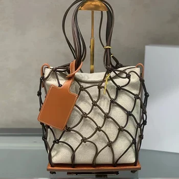 Tervező retro szín kontraszt szőtt üres háló bőr strand táska női új divat luxus nagy kapacitású bevásárló táska