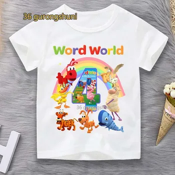 gyermek ruházat Rajzfilm Póló Lányoknak Tshirt Szót Világ Lány póló Wordworld Gyerekek Ruhái Fiú születésnapi Grafikus póló