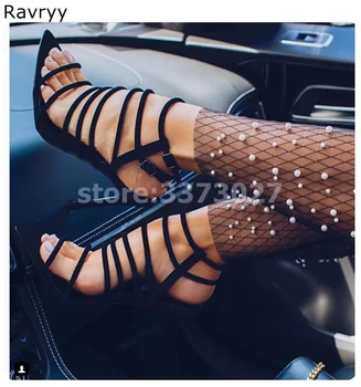 A nő szandál cut out design, fekete, magas sarkú boka heveder szexi szivattyúk hegyes toe stiletto női party show cipő 2019-es nyári