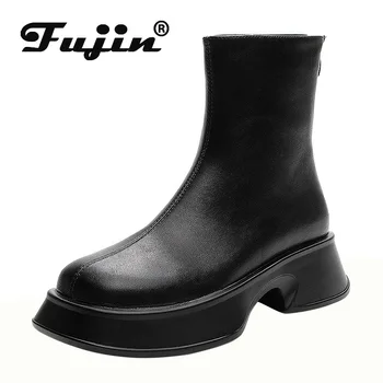 Fujin 5,5 cm Új 2024 Valódi Bőr Női Közepén Borjú Kémény Csizma Platform Cipzár Tavaszi Őszi Kényelmes Brithish Stílusú Cipő