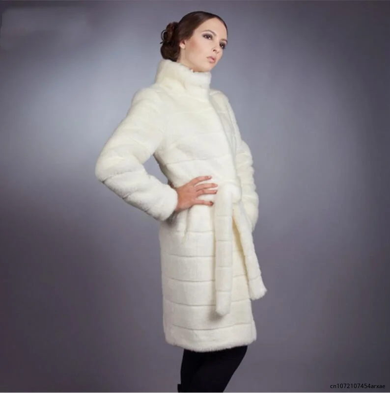 Ál Nerc Bundát Téli Meleg Mesterséges Tisztességes Kapucnis Fehér Luxus Műszőrme Kabátot Túlméretes Nők Ruhával Szőrme Zubbonyok - 1