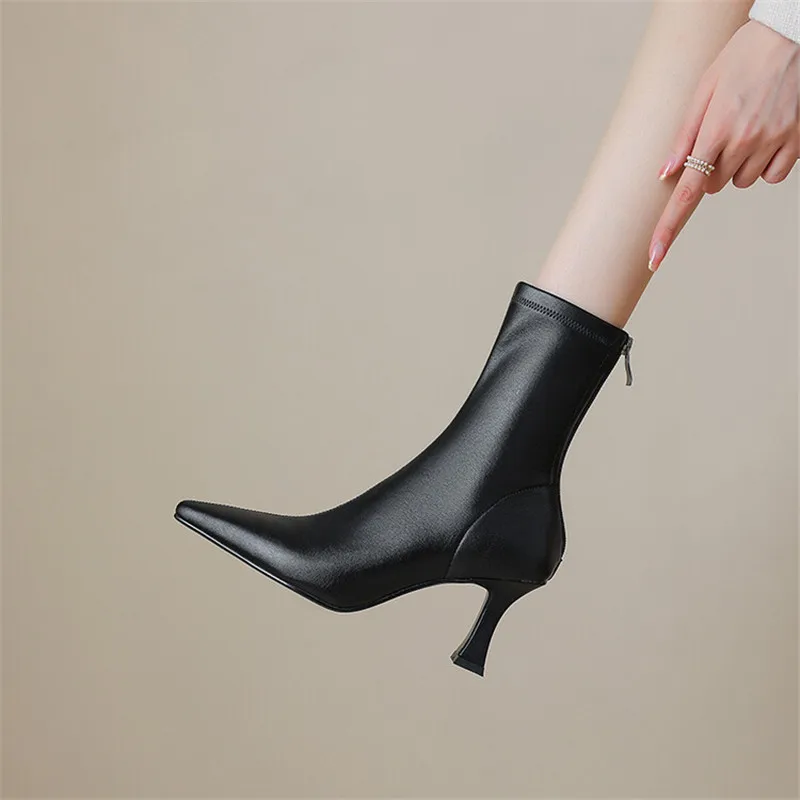 2023 Őszi Téli Női Csizma Hegyes Toe Magas Sarkú Rövid Csizma Cipő Női Elasztikus Vékony Csizma Zapatos De Mujer Női - 2