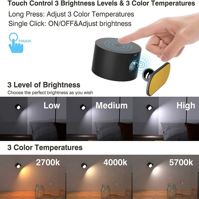 LED Fali Lámpa USB Újratölthető Távirányító, Vezeték nélküli Fali Gyertyatartó Fények Hálószoba Olvasó Lámpa - 2