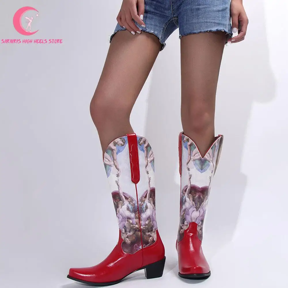 Divat A Retro Cowgirl Kényelmes Vaskos Női Western Csizma Vintage Nyomtatás Hegyes Toe Új Cipők, Alkalmi Klasszikus Droship Cipő - 5