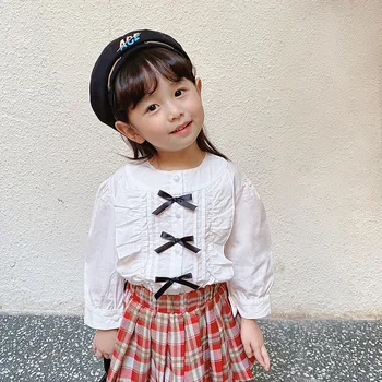 2024 Koreai Tavaszi Őszi Gyerek A Lányok, Ing, Divat Egyszínű Íj Aranyos Hosszú Ujjú Gyermekek Lány Pulóver, Alkalmi Kislány Póló
